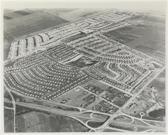 (SUBURBS) Two photographs of Levittown, Long Island featuring a quaint street view of uniform houses and an aerial photograph.